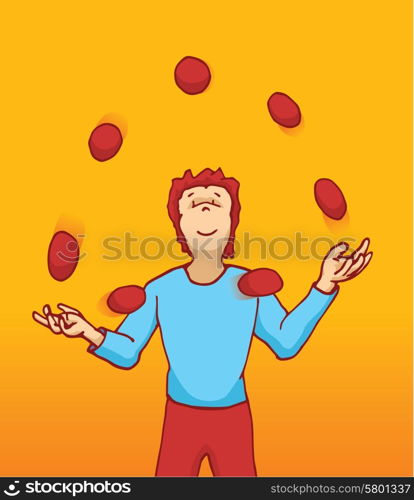 Cartoon illustration of a juggler handling many balls in the air