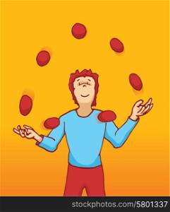 Cartoon illustration of a juggler handling many balls in the air