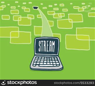 Cartoon illustration of a laptop computer getting a stream from a vast network