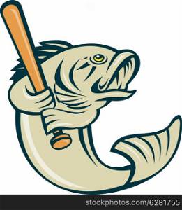 cartoon illustration of a largemouth bass fish playing baseball batting isolated on white. largemouth bass fish batting