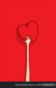 Cartoon illustration of a long arm holding his red valentine heart