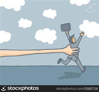 Cartoon illustration of a long arm reaching for a running businessman