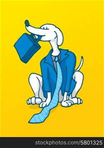 Cartoon illustration of a loyal businessman working like a dog in business costume
