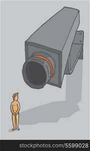 Cartoon illustration of a man being surveillanced by a giant camera