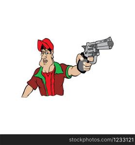 Cartoon illustration of a man holding gun in hand.