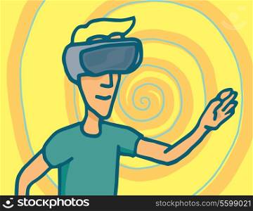 Cartoon illustration of a man in a virtual reality session with goggles headset