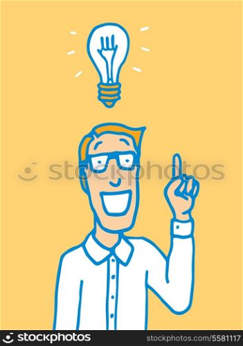 Cartoon illustration of a man in glasses with an idea light bulb over his head