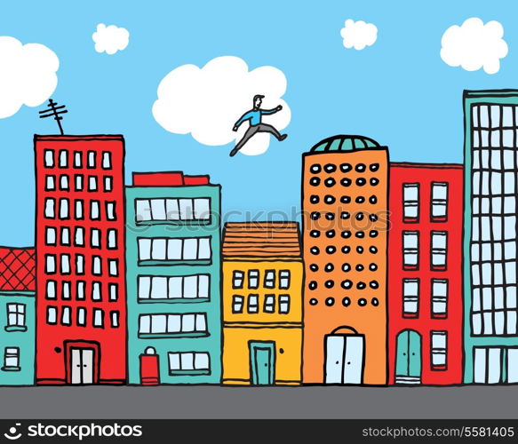 Cartoon illustration of a man jumping buildings in an urban skyline