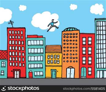 Cartoon illustration of a man jumping buildings in an urban skyline
