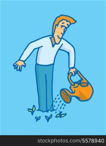 Cartoon illustration of a man showing showing self improvement