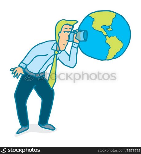 Cartoon illustration of a man spying planet earth