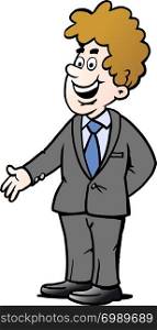 Cartoon illustration of a man who wears a gray suit