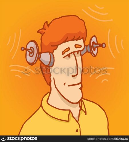 Cartoon illustration of a man with enhanced robotic ears or antenna
