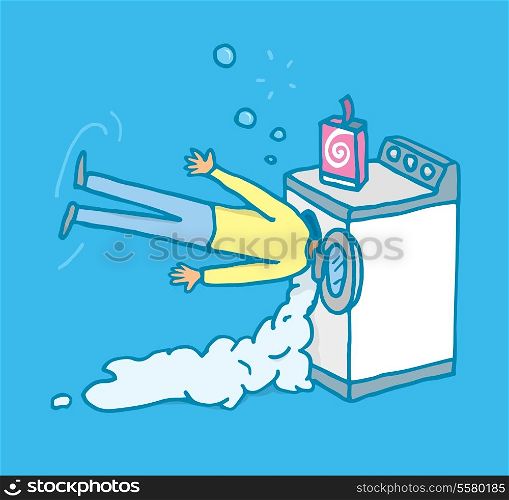 Cartoon illustration of a man with his head on a washing machine