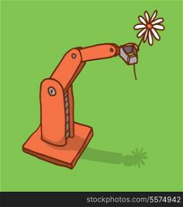 Cartoon illustration of a mechanic arm holding a flower