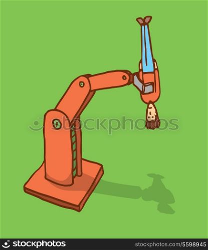 Cartoon illustration of a mechanic robot arm holding a man upside down