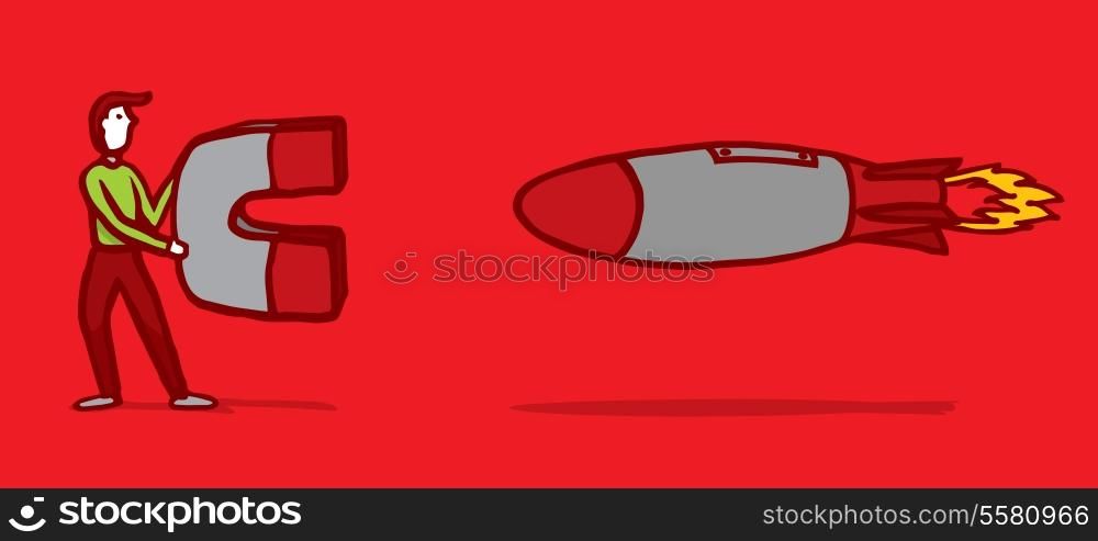 Cartoon illustration of a missile heading for a magnet