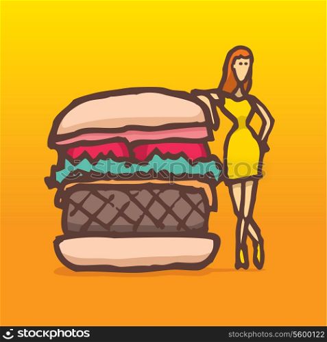 Cartoon illustration of a model posing next to a huge hamburger