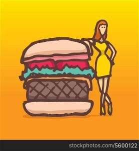 Cartoon illustration of a model posing next to a huge hamburger