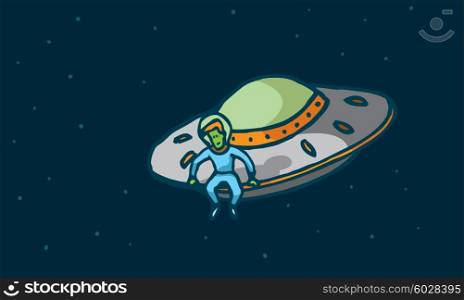 Cartoon illustration of a pensive alien sitting in his spaceship looking down