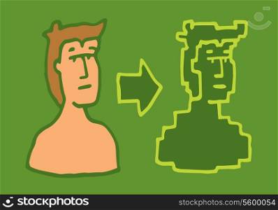 Cartoon illustration of a person turning into digital pixel version