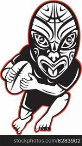 cartoon illustration of a Rugby player running wearing Maori mask wearing black on isolated white background. Rugby player running wearing Maori mask