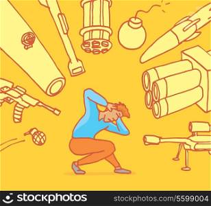 Cartoon illustration of a stressed man taking cover from guns