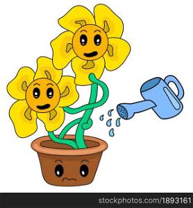 cartoon illustration of a sunflower being splashed with water
