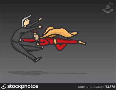 Cartoon illustration of a superhero flying and punching a criminal