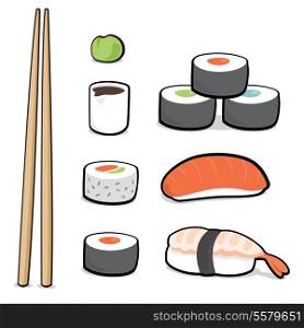 Cartoon illustration of a sushi set