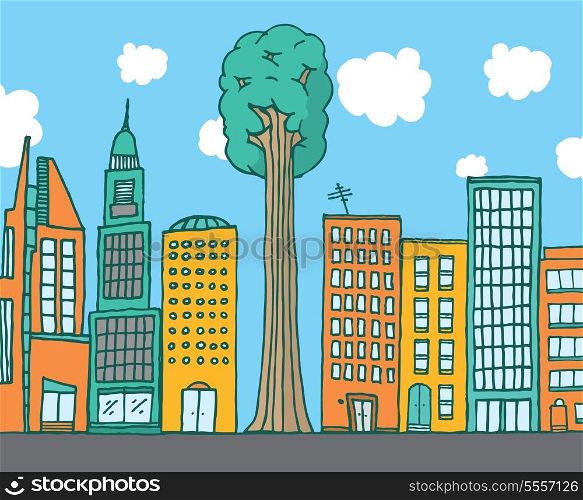 Cartoon illustration of a tall tree putting nature over progress
