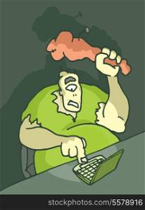 Cartoon illustration of a troll in front of the computer trolling