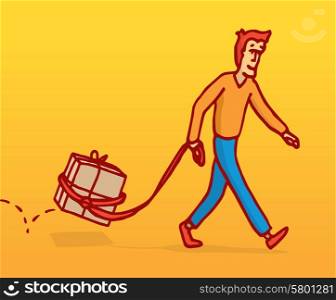 Cartoon illustration of a unique man walking a box like a pet