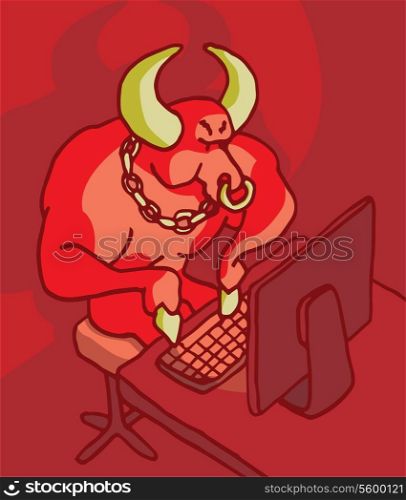 Cartoon illustration of a violent bull typing on the keyboard or cyber bulling