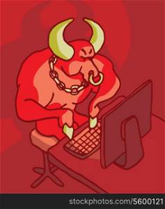Cartoon illustration of a violent bull typing on the keyboard or cyber bulling