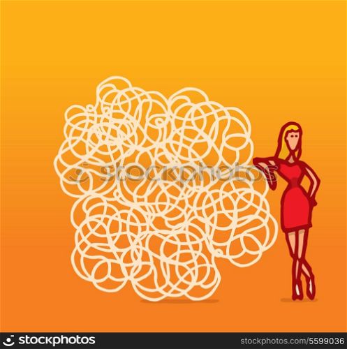 Cartoon illustration of a woman leaning on a big scribble as problems