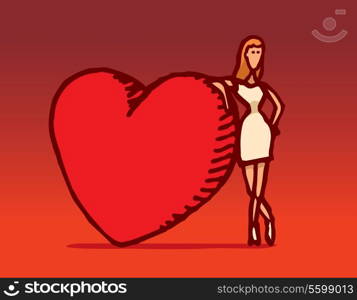 Cartoon illustration of a woman leaning on big love or valentine heart