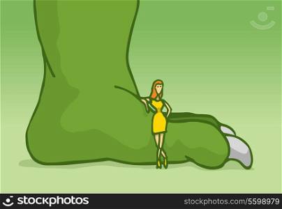 Cartoon illustration of a woman leaning on huge green monster