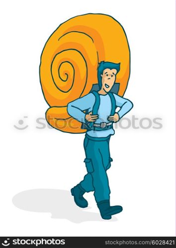 Cartoon illustration of adventurous man carrying a snail shell as backpack