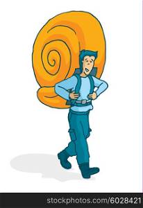 Cartoon illustration of adventurous man carrying a snail shell as backpack