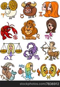 Cartoon Illustration of All Horoscope Zodiac Signs Set