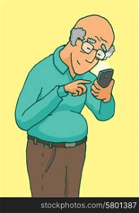 Cartoon illustration of an active senior using his smartphone with touchscreen