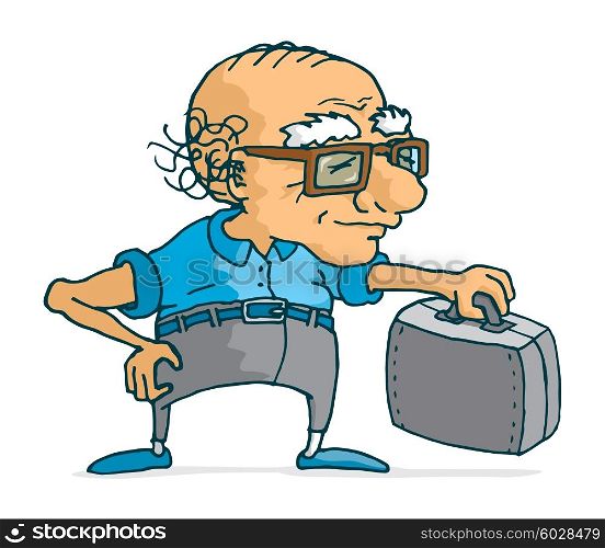 Cartoon illustration of an active senior with suitcase ready for travel