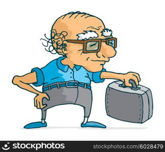 Cartoon illustration of an active senior with suitcase ready for travel