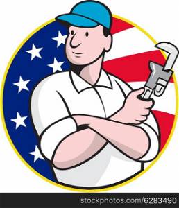 Cartoon illustration of an American plumber worker repairman tradesman with adjustable monkey wrench set inside circle with stars and stripes flag.&#xA;
