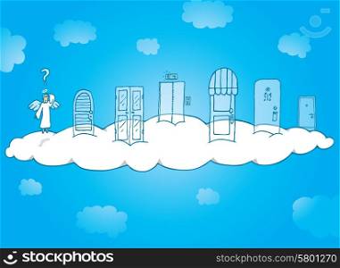 Cartoon illustration of an angel choosing his fate knocking on heavens doors