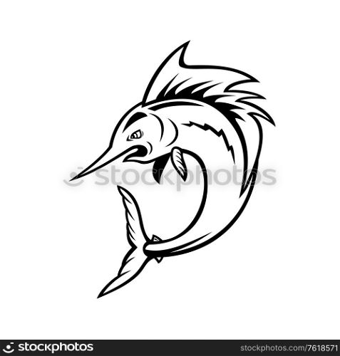 Cartoon illustration of an Atlantic sailfish swordfish jumping viewed from side on isolated white background in monochrome black and white.. Atlantic Sailfish Jumping Cartoon Black and White
