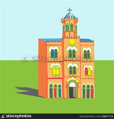 Cartoon illustration of an eclectic architecture object with shadow in an empty abstract landscape