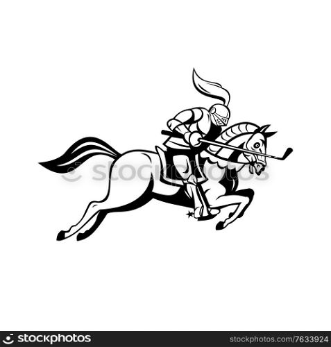Cartoon illustration of an English knight in full armor riding a horse or steed armed with golf club like a lance on isolated white background done in retro black and white style.. Knight Riding Horse With Golf Club as Lance Side Cartoon Retro Black and White
