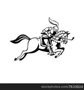 Cartoon illustration of an English knight in full armor riding a horse or steed armed with golf club like a lance on isolated white background done in retro black and white style.. Knight Riding Horse With Golf Club as Lance Side Cartoon Retro Black and White